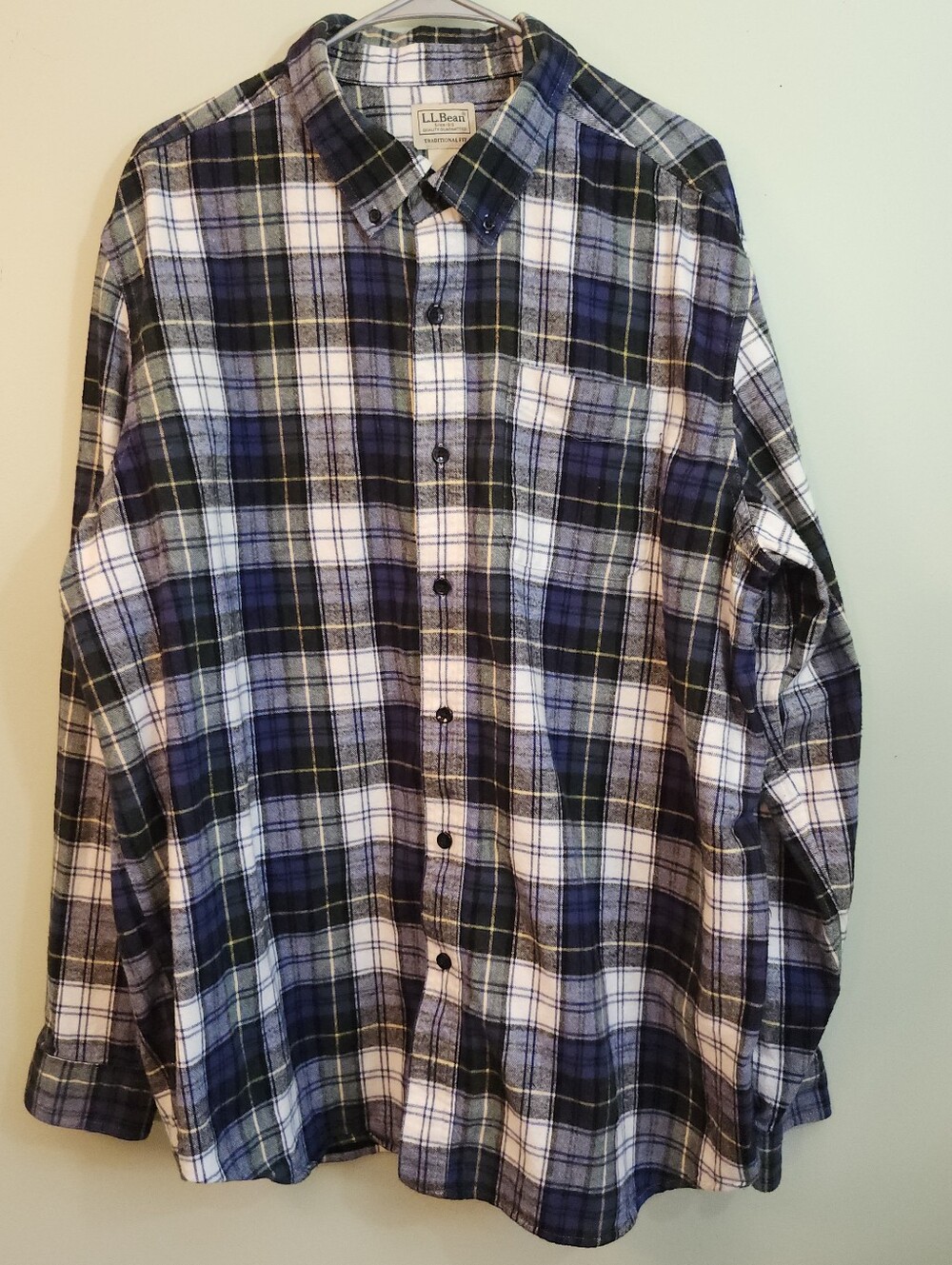 LL Bean Scotch Plaid Flannel Shirt Traditonal Fit Button Navy White 228061  XL/R
